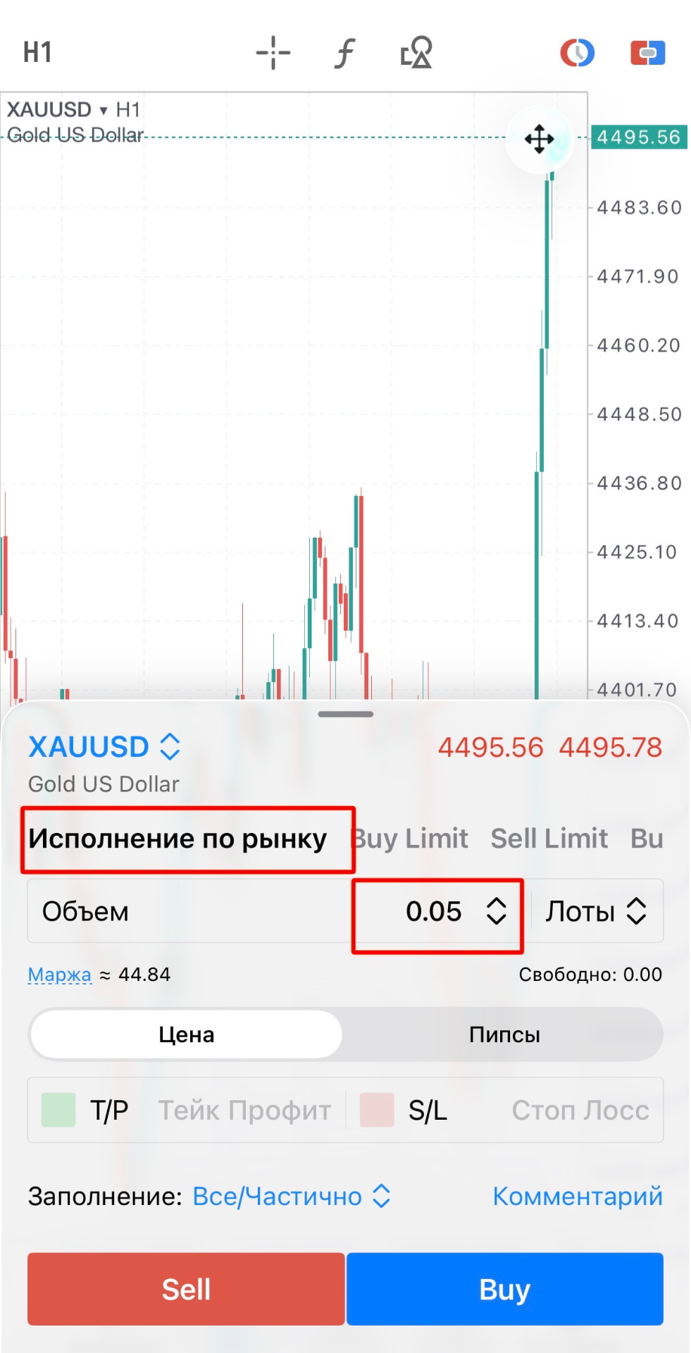 Окно сделки: исполнение по рынку, объём лота и кнопки Sell/Buy
